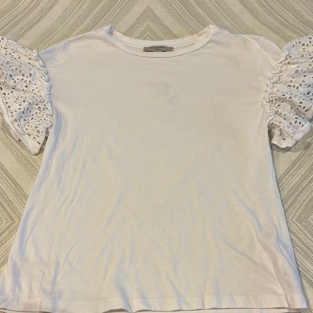 ALL SAINTS Women’s White Short Sleeve with Ruffle Sleeves Tee - Size S